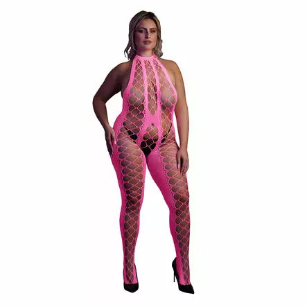 Ouch - UV-valossa hohtava catsuit, pinkki, Plus Size - Ouch - 44177-1 - 1