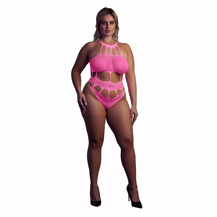 Ouch - UV-valossa hohtava body, pinkki, Plus Size - Sexy bodyt - 44185-1 - 1