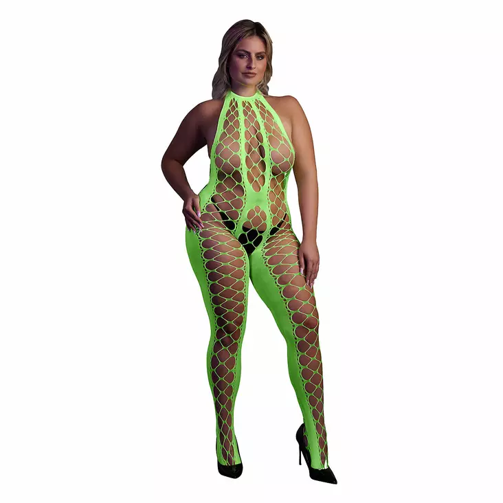 Ouch - UV-valossa hohtava catsuit, vihreä, Plus Size - Ouch - 44175-1 - 1