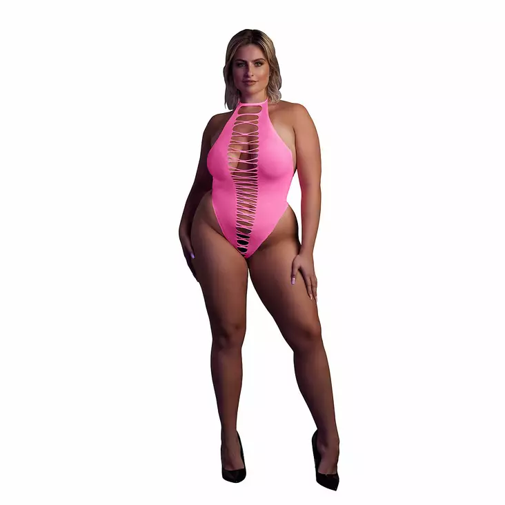 Ouch - UV-valossa hohtava halterneck-body, pinkki, Plus Size - Sexy bodyt - 44189-1 - 1