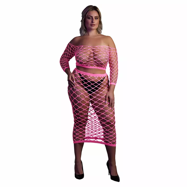 Ouch - UV-valossa hohtava toppi ja hame -setti, pinkki, Plus Size - Ouch - 44191-1 - 1